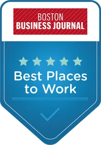 Boston Business Journal badge featuring five stars and text Best Places to Work on blue background.