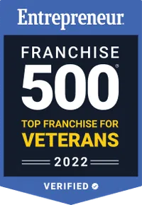 Entrepreneur Franchise 500 badge for top franchises for veterans in 2022 verified award.