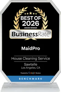 Award plaque with overlaid text showing Best of 2026 Business Rate winner MaidPro house cleaning in Sawtelle, LA.
