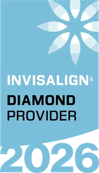 Invisalign Diamond Provider 2026 logo with blue background and white floral emblem.