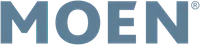 MOEN logo in blue uppercase letters with registered trademark symbol on white background