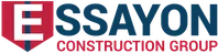 Essayon Construction Group logo with bold red, white, and navy blue text and shield emblem.