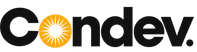 Condev logo with black text and a sunburst design inside the letter O on a transparent background.