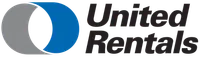United Rentals logo with interlocking grey and blue circles and black text.
