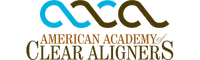 Logo of American Academy of Clear Aligners with stylized blue and brown lettering and design elements.