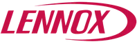 Lennox logo in red with an elliptical swoosh design around the text on a transparent background