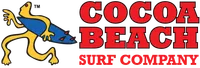 Colorful lizard holding a surfboard next to bold red text reading Cocoa Beach Surf Company logo