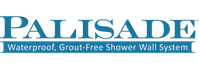 Palisade logo with tagline Waterproof, Grout Free Shower Wall System in blue text