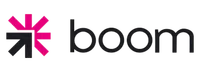 Boom logo with black and pink arrow design and lowercase black text on transparent background