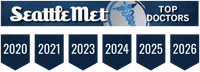 Seattle Met Top Doctors logo with years 2020 to 2026 displayed on dark blue banner flags.