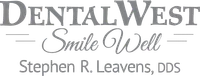 DentalWest Smile Well logo featuring Stephen R. Leavens, DDS in gray text with decorative lines.