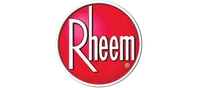Rheem logo with bold white text inside a red circular background on black.