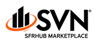 SVN logo with black letters and an orange swoosh encircling three building shapes representing SFRHub Marketplace.