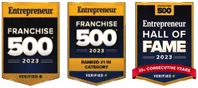Entrepreneur Franchise 500 2023 badges highlighting top rankings and Hall of Fame recognition for franchises.