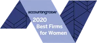 Accounting Today 2020 Best Firms for Women award emblem with geometric blue patterns.
