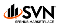 SVN logo with three black vertical buildings and an orange swoosh encircling them, representing SFRHUB Marketplace.