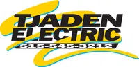 Logo of Tjaden Electric with bold black text and yellow blue swoosh shapes, phone number 515-545-3212