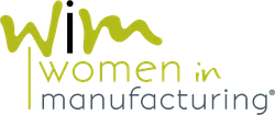 Women in Manufacturing logo with stylized green 'wm' and text emphasizing women in manufacturing.