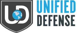 Unified Defense logo with stylized UD letters and Earth globe inside shield outline, blue and black text