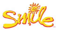 Bright yellow and red hand-drawn smile text with a sun featuring a smiling face above the letter i
