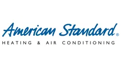 American Standard Heating & Air Conditioning logo with blue cursive and black uppercase text on white background