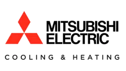 Mitsubishi Electric logo with red three-diamond emblem and black text Cooling & Heating below company name.