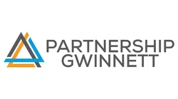 Partnership Gwinnett logo with interlocking orange, blue, and gray triangular shapes and gray text on white background