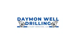 Daymon Well Drilling and Pump Services logo with drilling hands and blue text on a white background
