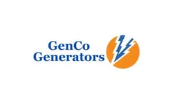 GenCo Generators logo featuring blue lightning bolts on an orange circle with blue text.