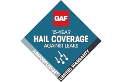 GAF 15-year hail coverage limited warranty badge with ArmorShield protection against leaks.