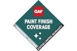 GAF paint finish coverage badge with red logo and warranty text on teal background.