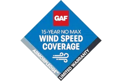 GAF 15-year no max wind speed coverage with limited warranty and ArmorPledge feature logo badge.