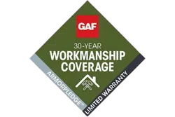 GAF 30-Year Workmanship Coverage badge with ArmorPledge limited warranty text and house icon with tools.