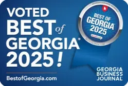 Voted Best of Georgia 2025 award badge by Georgia Business Journal with blue background and white text.