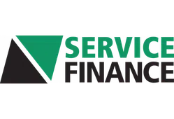 Service Finance logo with green and black triangle shapes and bold text on white background