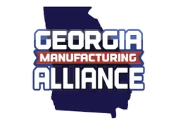 Logo of Georgia Manufacturing Alliance with bold white and red text over blue Georgia state outline.