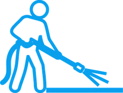 Blue line icon of a person using a pressure washer to clean a surface with water spray.