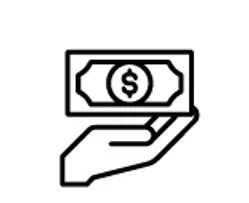 Black line icon of a hand holding a dollar bill with a dollar symbol in the center on a white background