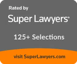 Super Lawyers badge indicating Meriwether & Tharp has over 125+ selections in family law and divorce with website link on gray and orange background