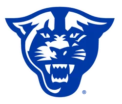 Blue and white stylized panther head logo with fierce expression and open mouth showing fangs.