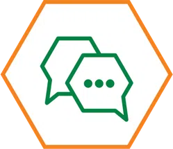 Green speech bubbles with three dots inside a hexagon outlined in orange on a white background.