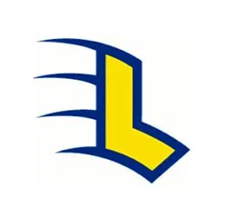 Yellow and blue stylized letter L logo with three trailing lines on white background