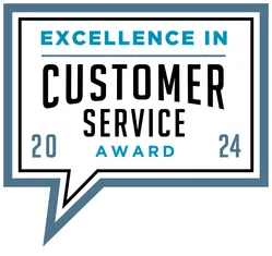 Excellence in Customer Service Award 2024 in speech bubble style design with blue and black text