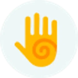 Yellow hand icon with an orange spiral in the center on a white circular background.