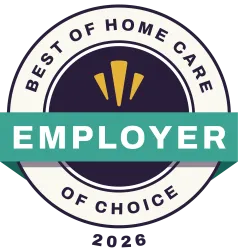 Best of Home Care Employer of Choice 2026 award badge with teal ribbon and gold accents