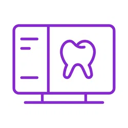 Purple line icon of a dental X-ray image displayed on a computer screen for dental diagnosis.