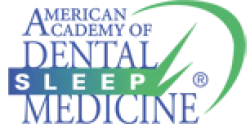 Logo of the American Academy of Dental Sleep Medicine featuring blue and green text with a curved green swoosh.