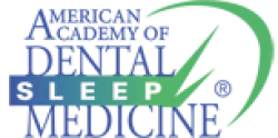 Logo of American Academy of Dental Sleep Medicine featuring blue and green text with a swoosh design