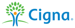 Cigna logo featuring a stylized person with green leaves forming a tree and blue text on a white background.