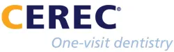 CEREC logo with tagline One-visit dentistry in blue and orange letters on white background